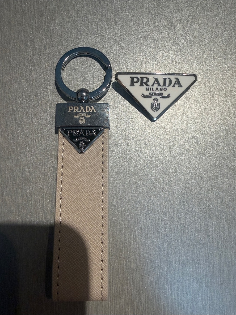 Inspired Leather Strap Keyring with Triangle Logo and Brooch set